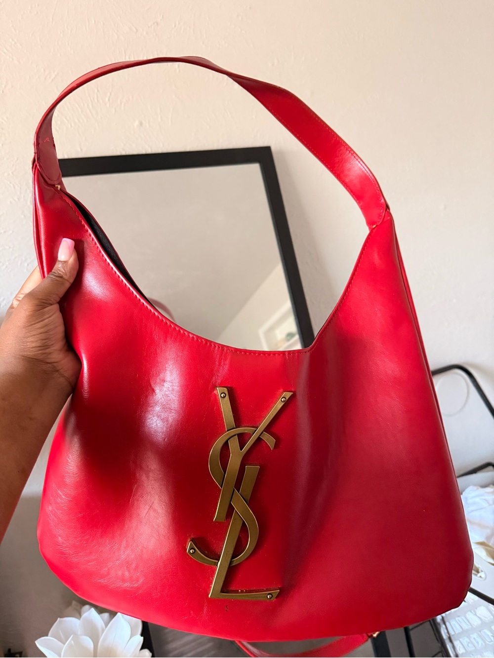 Red Shoulder Bag with Gold Logo